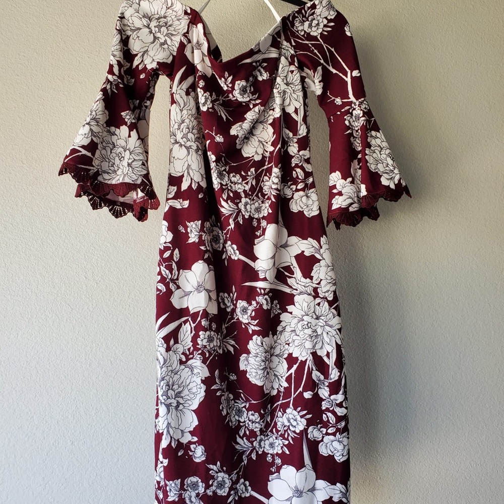 Premier Burgundy and White Floral Long Sleeve Dress
